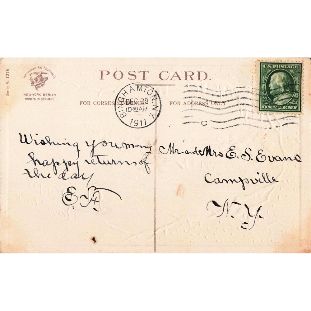 Vtg 1911 Happy New Year Postcard Watermill Winter Scene Embossed Germany 1276 - Picture 2 of 2